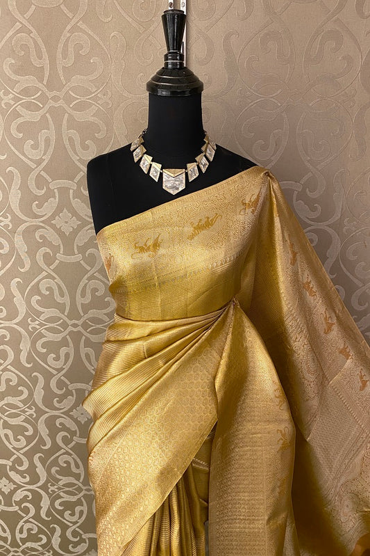 Gold Pure Tissue Kanjeevaram Silk Saree With Blouse