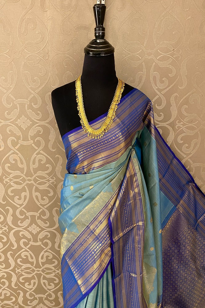 Blue Pure Kanjeevaram Silk Saree With Blouse