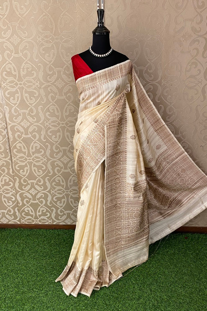 Offwhite Beige Pure Raw Tussar Banarasi Silk Saree, Hand Woven Motifs With Unstich Blouse