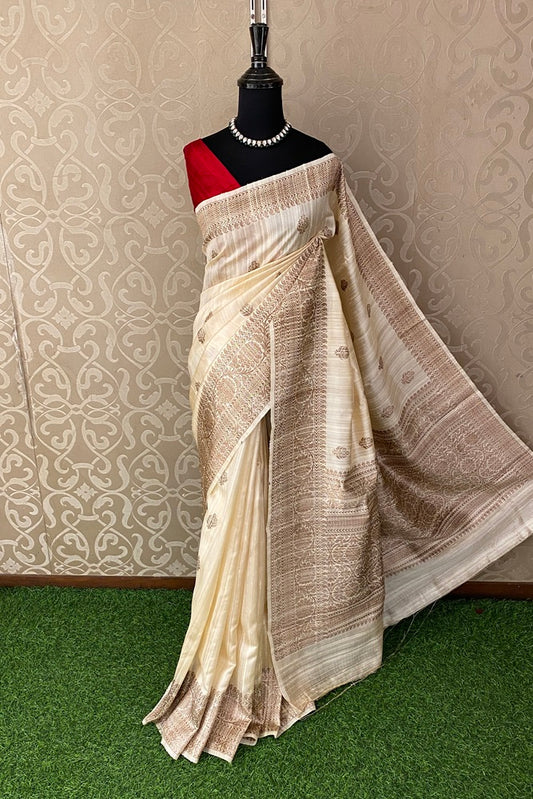 Offwhite Beige Pure Raw Tussar Banarasi Silk Saree, Hand Woven Motifs With Unstich Blouse