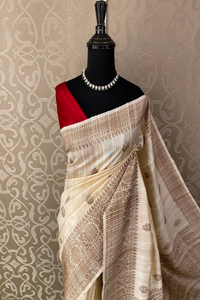 Offwhite Beige Pure Raw Tussar Banarasi Silk Saree, Hand Woven Motifs With Unstich Blouse