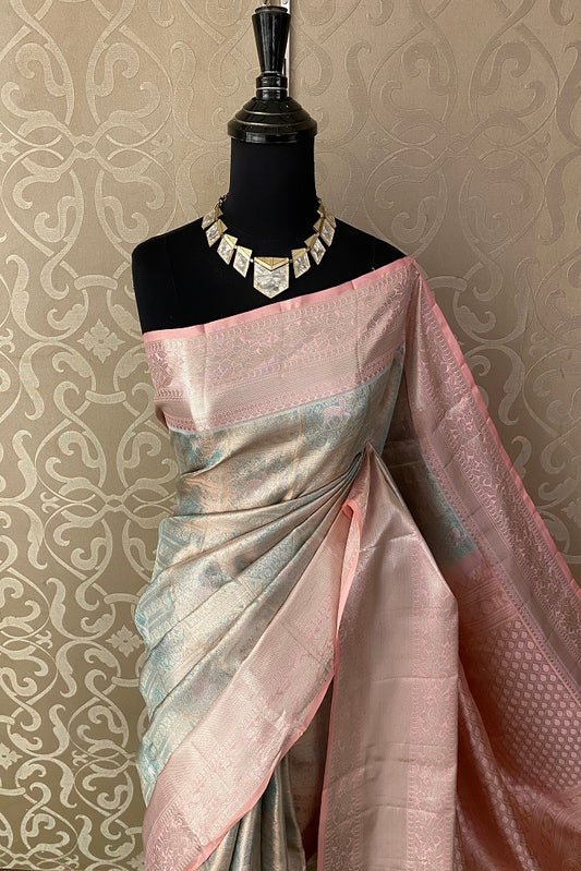 Peach & Blue Pure Kanjeevaram Silk Saree With Blouse