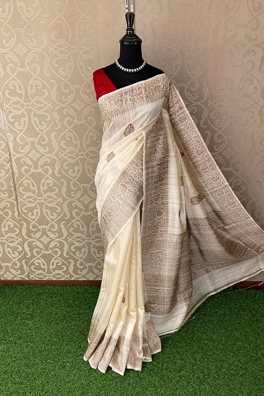 Offwhite Beige Pure Raw Tussar Banarasi Silk Saree, Hand Woven Motifs With Unstich Blouse