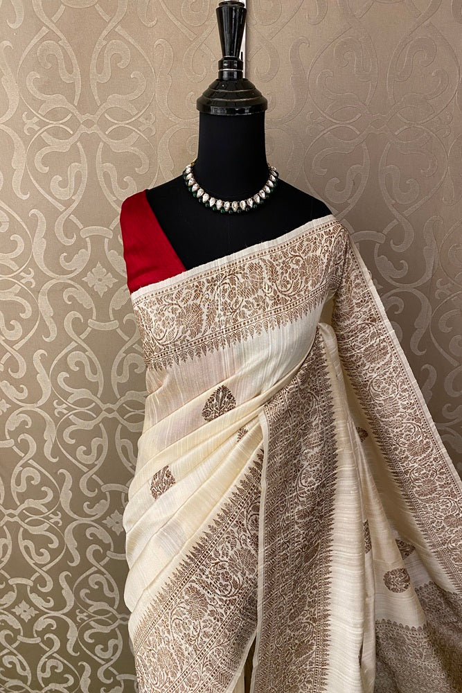 Offwhite Beige Pure Raw Tussar Banarasi Silk Saree, Hand Woven Motifs With Unstich Blouse