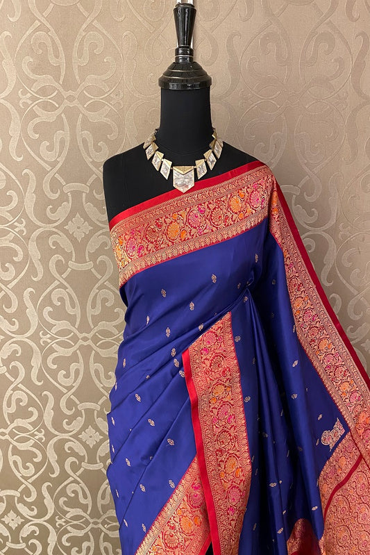 BLUE KATAN SILK BANARASI HAND WEAVING SAREE WITH BLOUSE