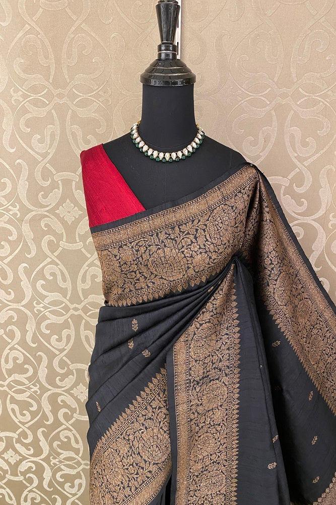 Black Pure Raw Tussar Banarasi Silk Saree, Hand Woven Motifs With Unstich Blouse