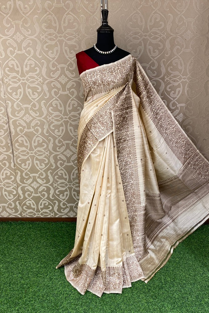 Offwhite Beige Pure Raw Tussar Banarasi Silk Saree, Hand Woven Motifs With Unstich Blouse