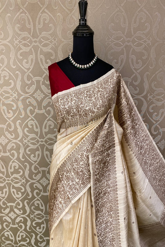 Offwhite Beige Pure Raw Tussar Banarasi Silk Saree, Hand Woven Motifs With Unstich Blouse