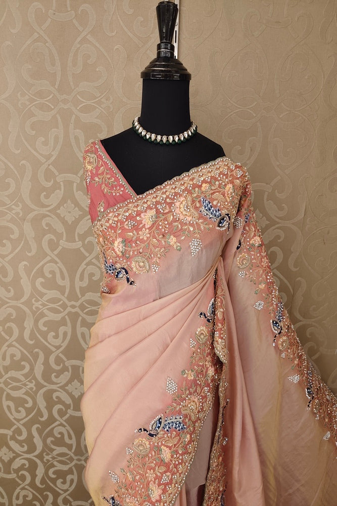 Peach Soft Tissue Kanjeevaram Silk Sarees With Embroidery Work, With Unstiched Blouse