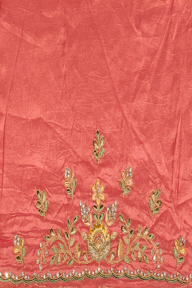 Peach Soft Tissue Kanjeevaram Silk Sarees With Embroidery Work, With Unstiched Blouse