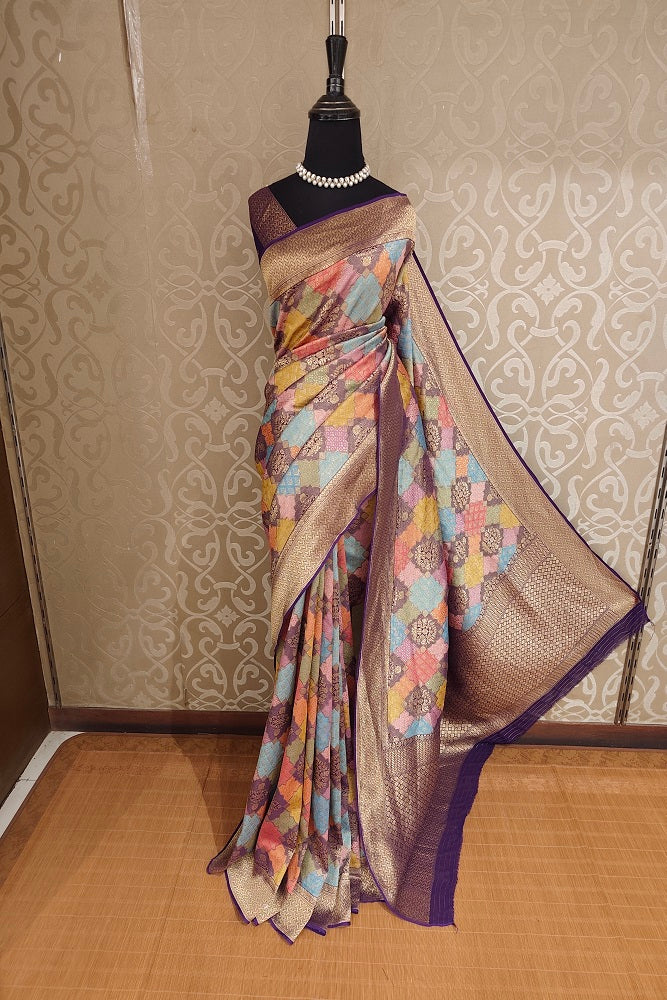 Multi & Purple Georgette Saree With Rangcut Work, With Unstiched Blouse