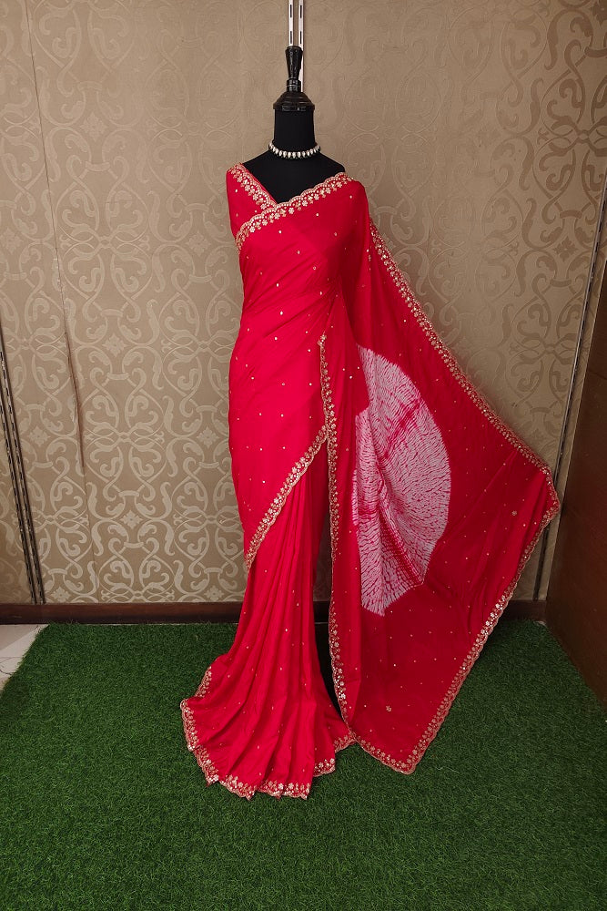 Cherry Red Soft Organza Mirror Work Saree, With Unstiched Blouse