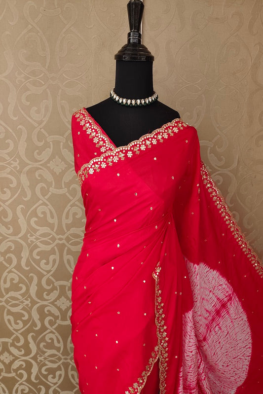 Cherry Red Soft Organza Mirror Work Saree, With Unstiched Blouse