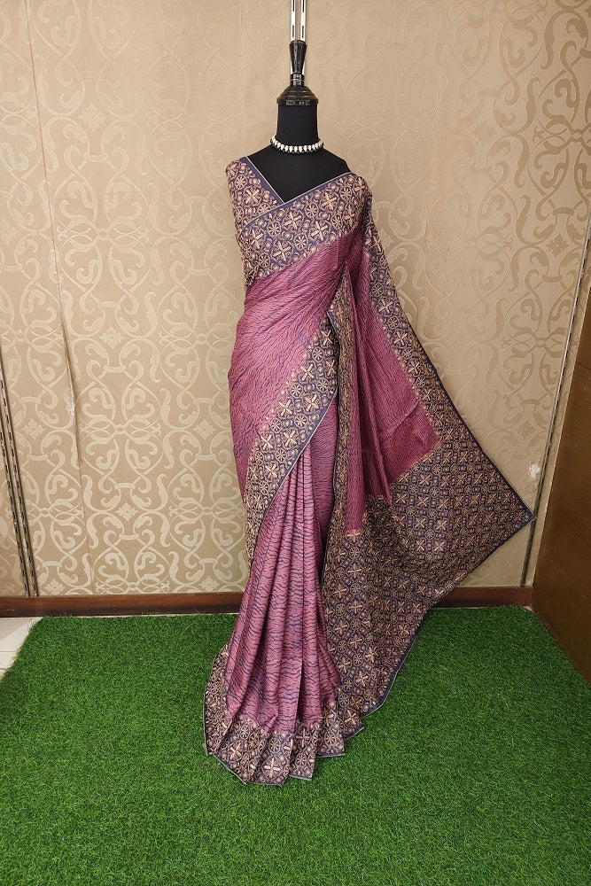 Shibori Print Tussar Resham Embroidery Saree, With Unstiched Blouse