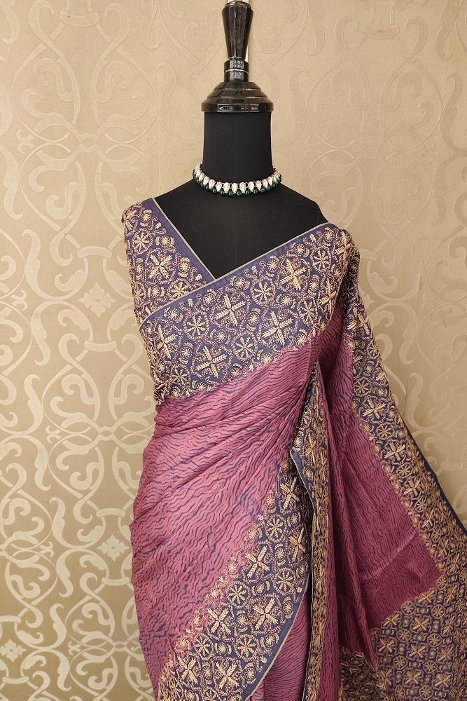 Shibori Print Tussar Resham Embroidery Saree, With Unstiched Blouse