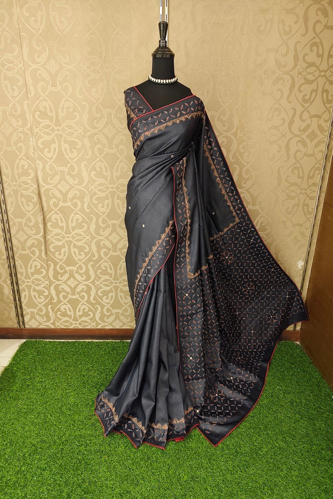 Black Tussar Saree With Applique Work, With Unstiched Blouse