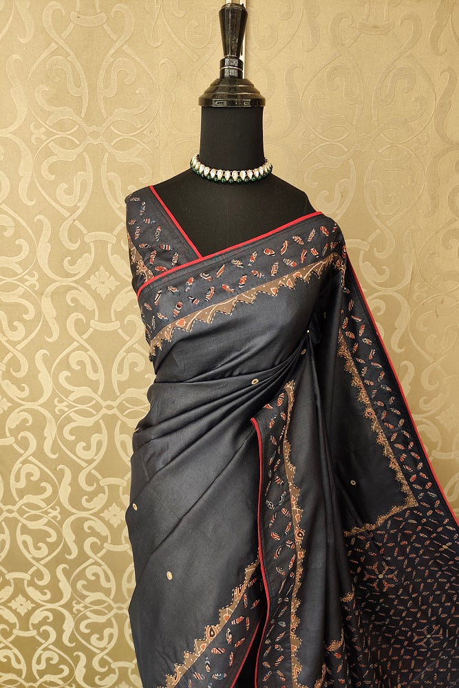 Black Tussar Saree With Applique Work, With Unstiched Blouse