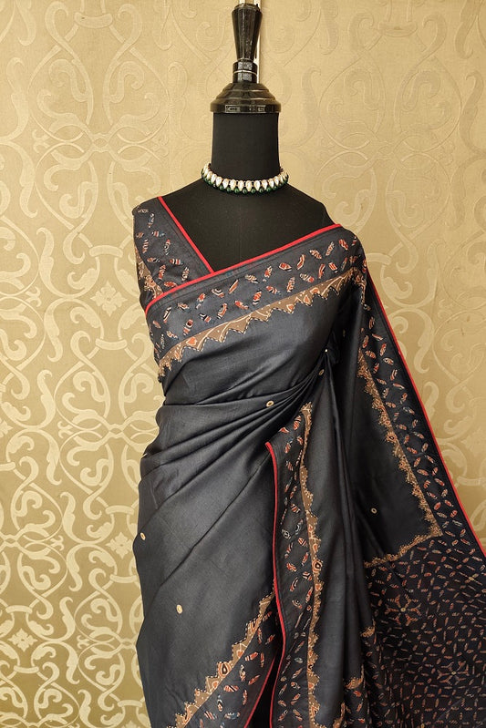 Black Tussar Saree With Applique Work, With Unstiched Blouse