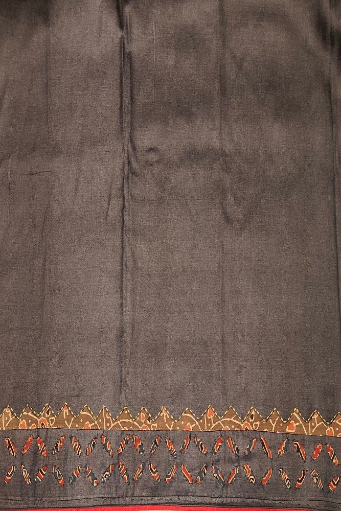 Black Tussar Saree With Applique Work, With Unstiched Blouse