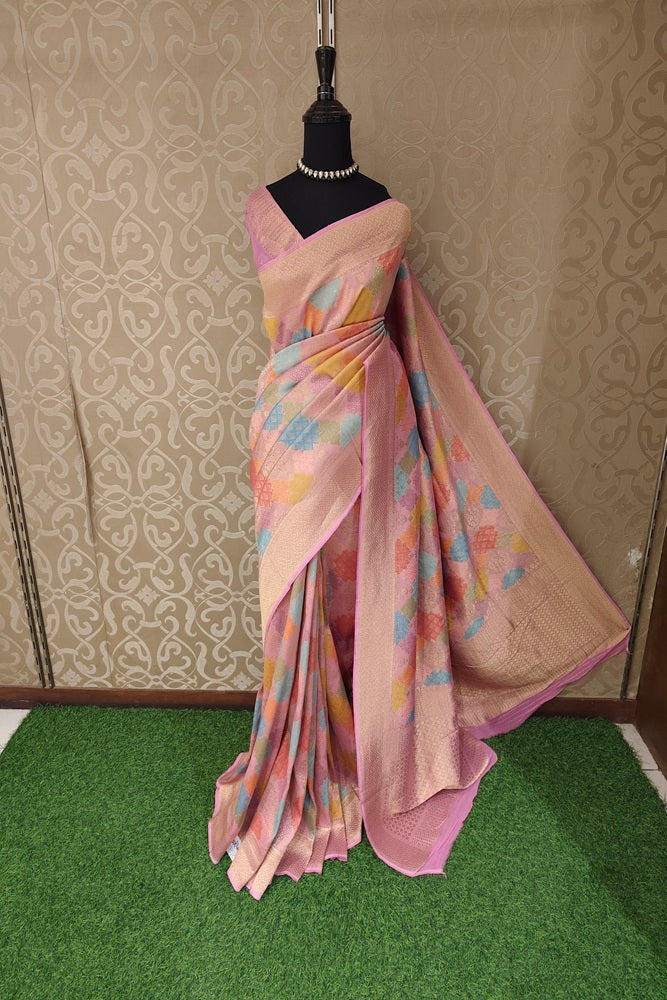 Multi & Pink Georgette Saree With Rangcut Work, With Unstiched Blouse