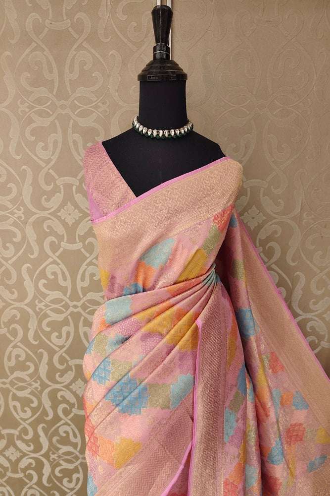 Multi & Pink Georgette Saree With Rangcut Work, With Unstiched Blouse