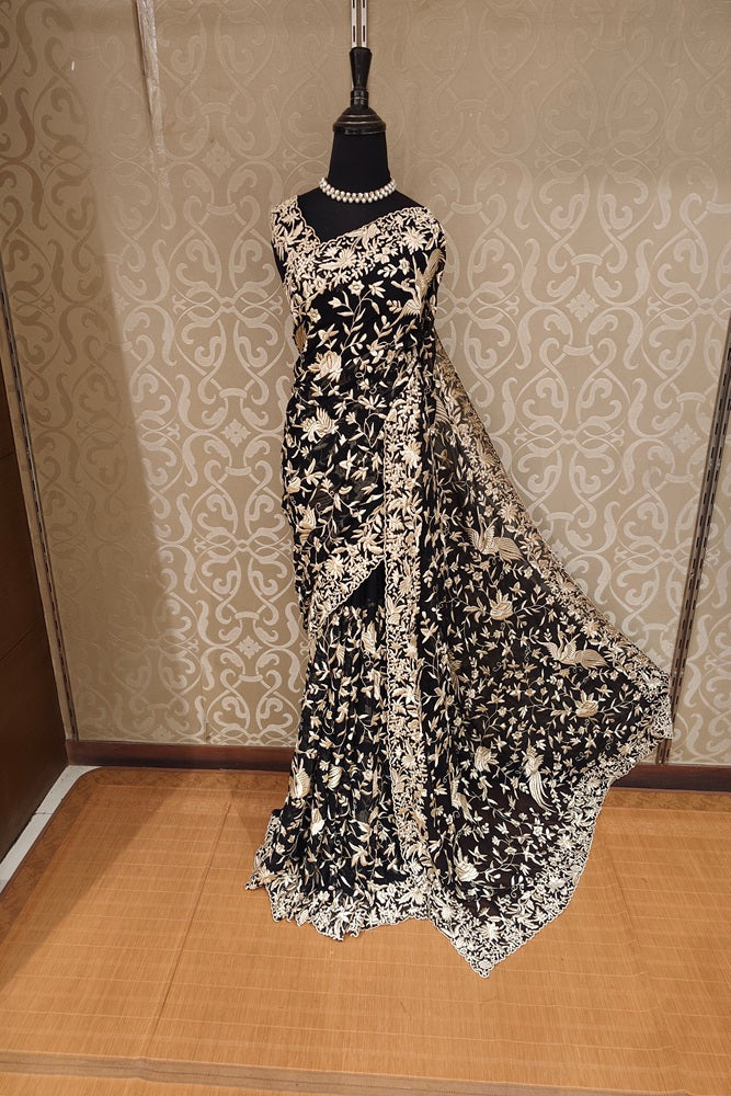 Black Georgette Saree With Parsi Work, With Unstiched Blouse