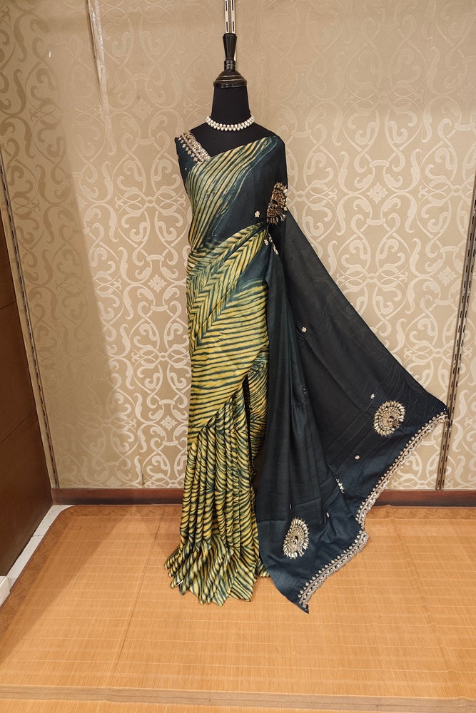Black & Yellow Tussar Leheriya Zardosi Work Saree, With Unstiched Blouse