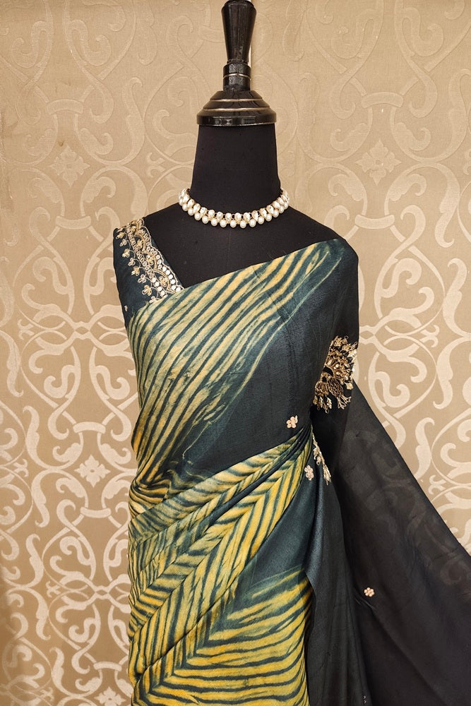 Black & Yellow Tussar Leheriya Zardosi Work Saree, With Unstiched Blouse