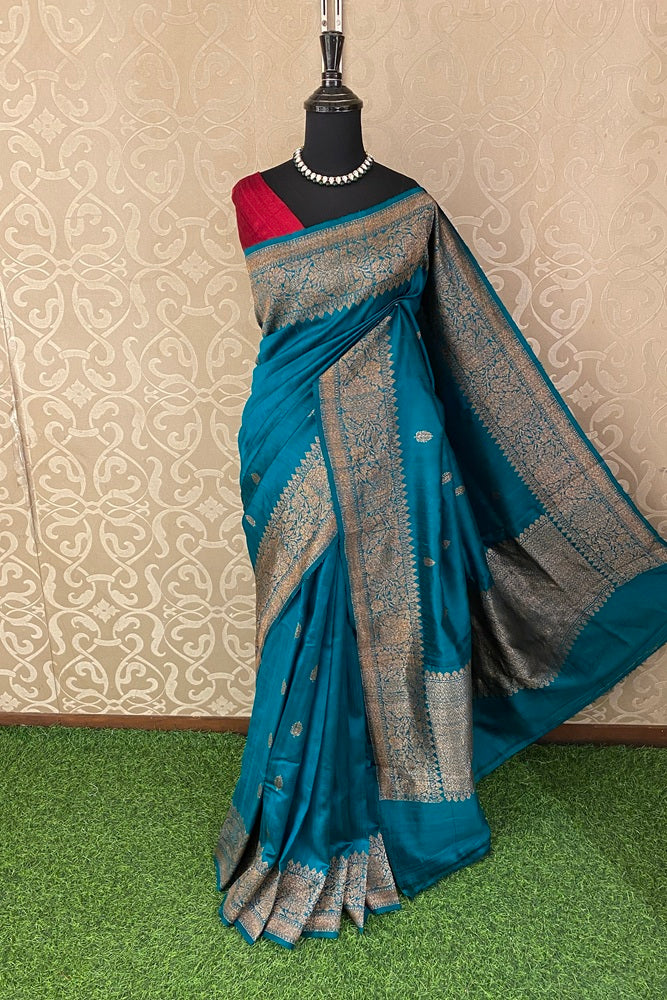 Cerulean Blue Pure Raw Tussar Banarasi Silk Saree, Hand Woven Motifs With Unstich Blouse