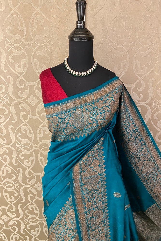 Cerulean Blue Pure Raw Tussar Banarasi Silk Saree, Hand Woven Motifs With Unstich Blouse