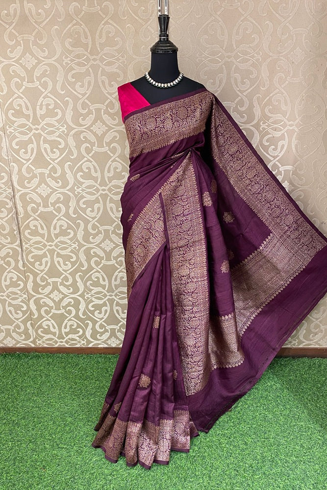 Wine Pure Raw Tussar Banarasi Silk Saree, Hand Woven Motifs With Unstich Blouse