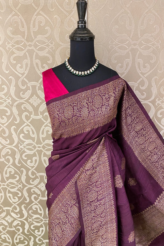 Wine Pure Raw Tussar Banarasi Silk Saree, Hand Woven Motifs With Unstich Blouse