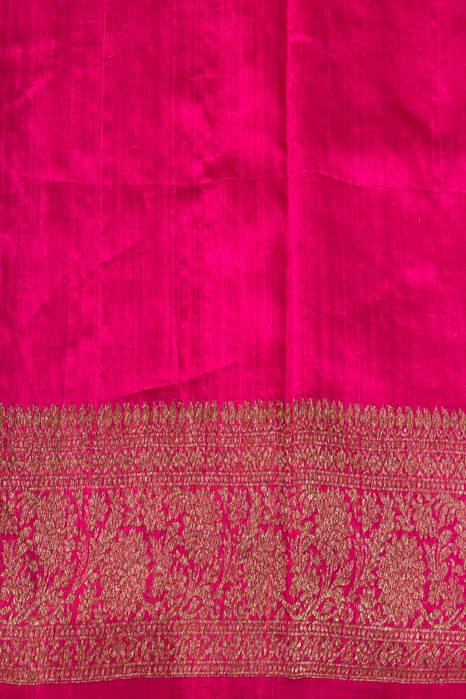Wine Pure Raw Tussar Banarasi Silk Saree, Hand Woven Motifs With Unstich Blouse