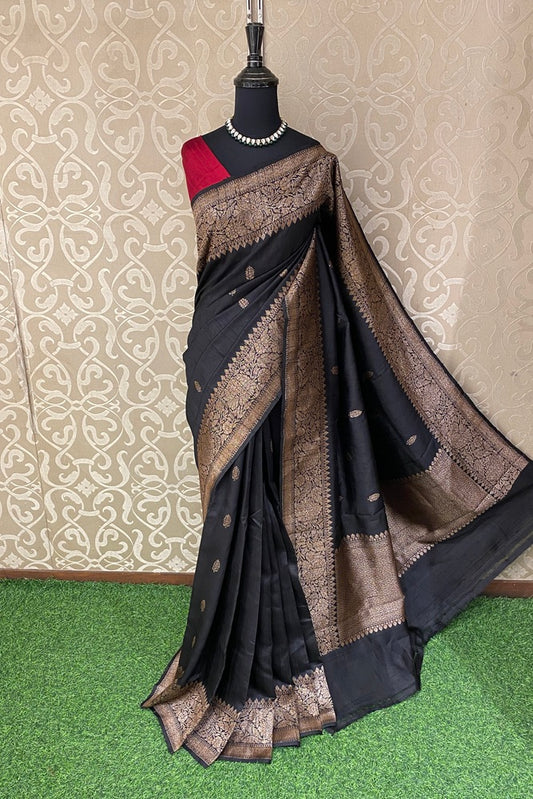 Black Pure Raw Tussar Banarasi Silk Saree, Hand Woven Motifs With Unstich Blouse