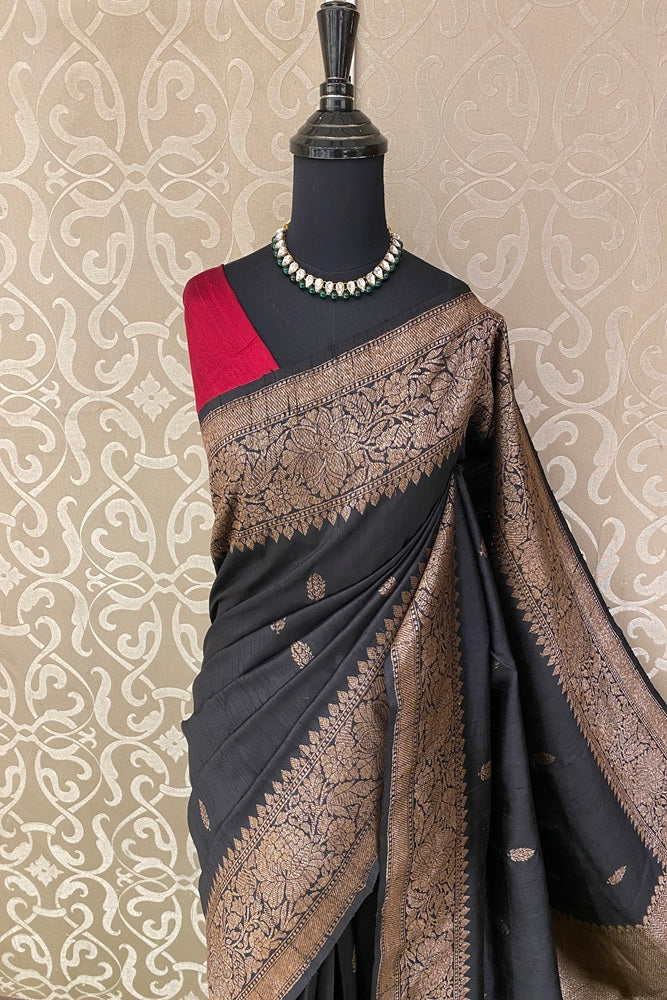 Black Pure Raw Tussar Banarasi Silk Saree, Hand Woven Motifs With Unstich Blouse