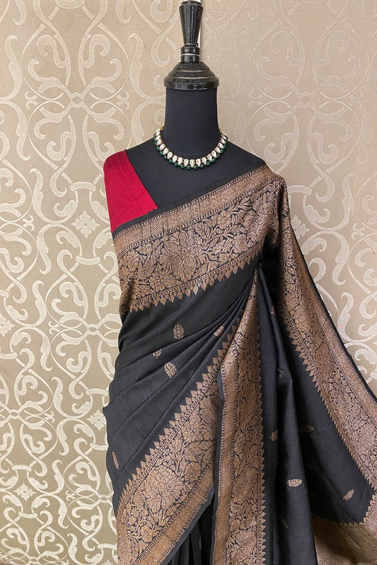 Black Pure Raw Tussar Banarasi Silk Saree, Hand Woven Motifs With Unstich Blouse