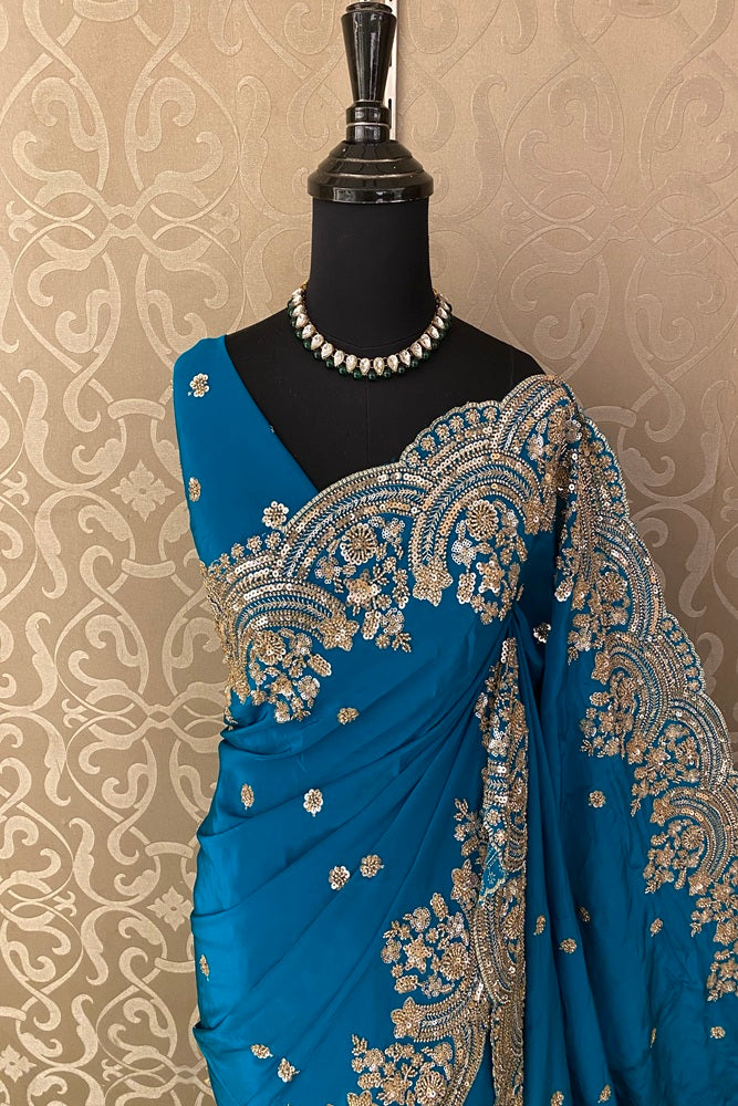 Blue Satin Crepe Silk Hand Embroidery Party Wear Saree, With Unstiched Blouse