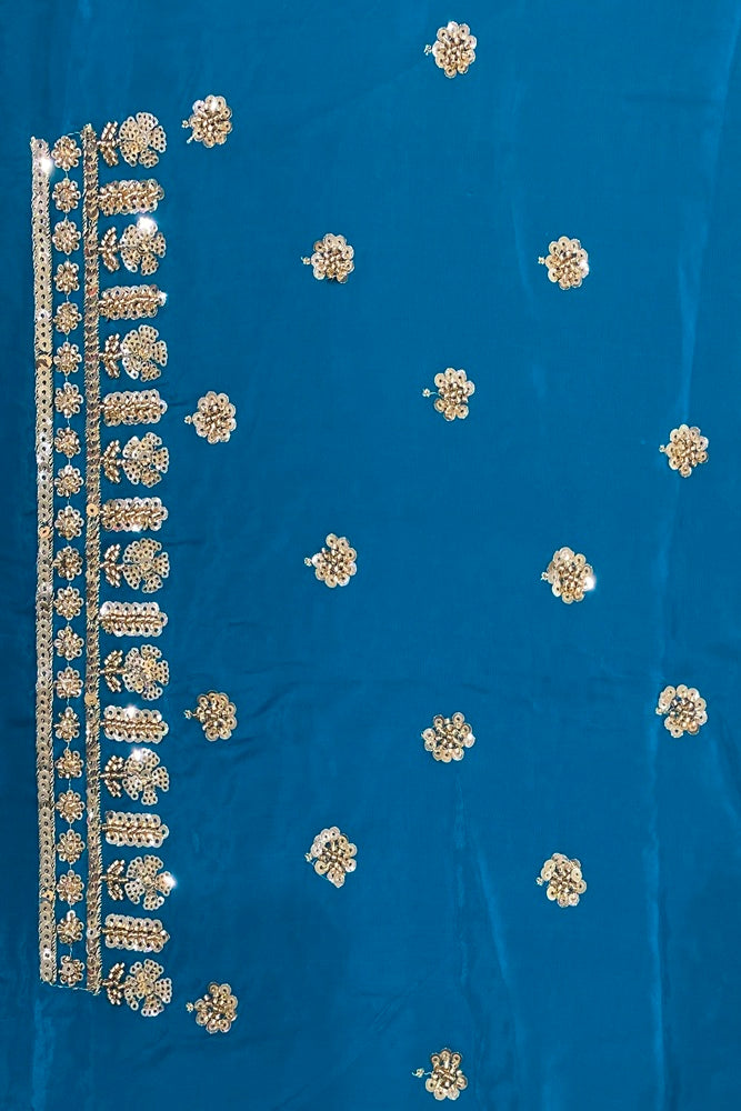 Blue Satin Crepe Silk Hand Embroidery Party Wear Saree, With Unstiched Blouse