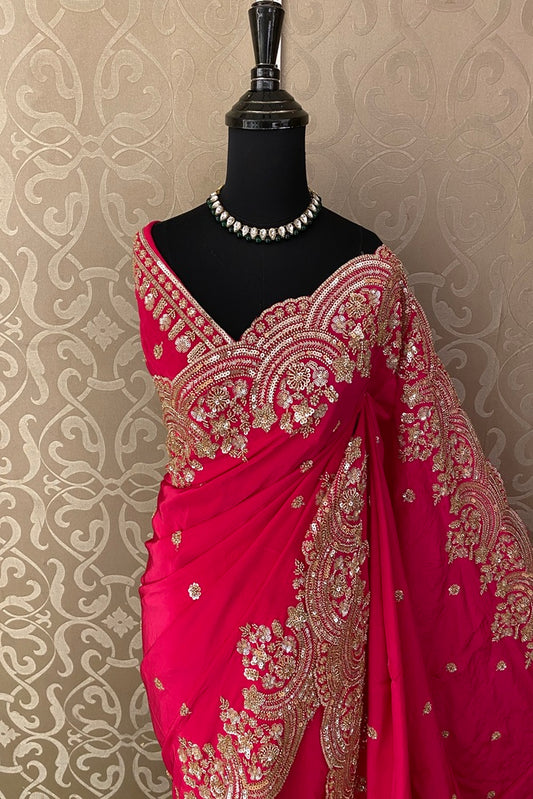 Pink Satin Crepe Silk Hand Embroidery Party Wear Saree, With Unstiched Blouse