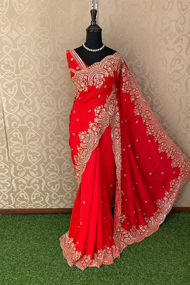Red Satin Crepe Silk Hand Embroidery Party Wear Saree, With Unstiched Blouse