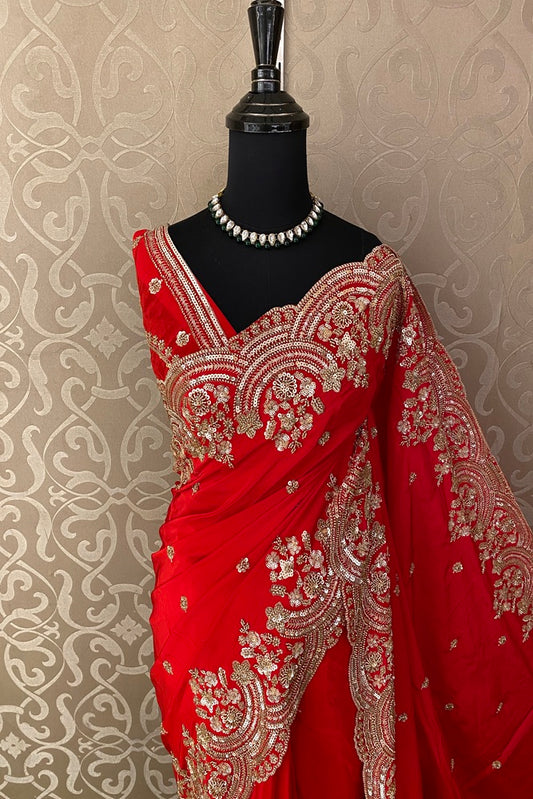 Red Satin Crepe Silk Hand Embroidery Party Wear Saree, With Unstiched Blouse