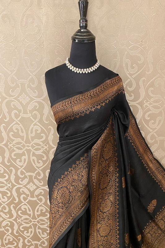 Black Pure Tussar Banarasi Silk With Hand Woven Motifs