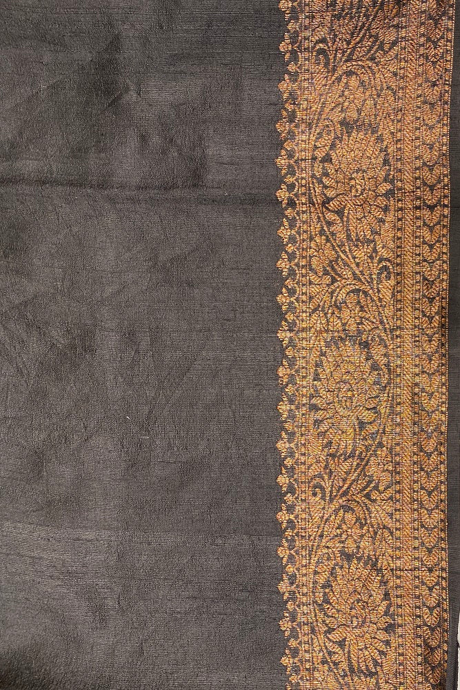 Black Pure Tussar Banarasi Silk With Hand Woven Motifs