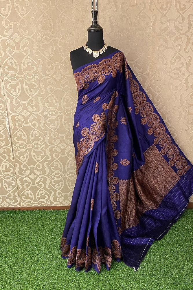 Blue Pure Tussar Banarasi Silk With Hand Woven Motifs