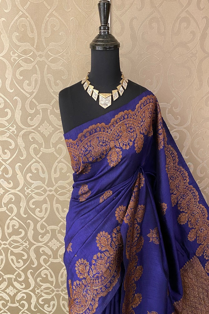 Blue Pure Tussar Banarasi Silk With Hand Woven Motifs