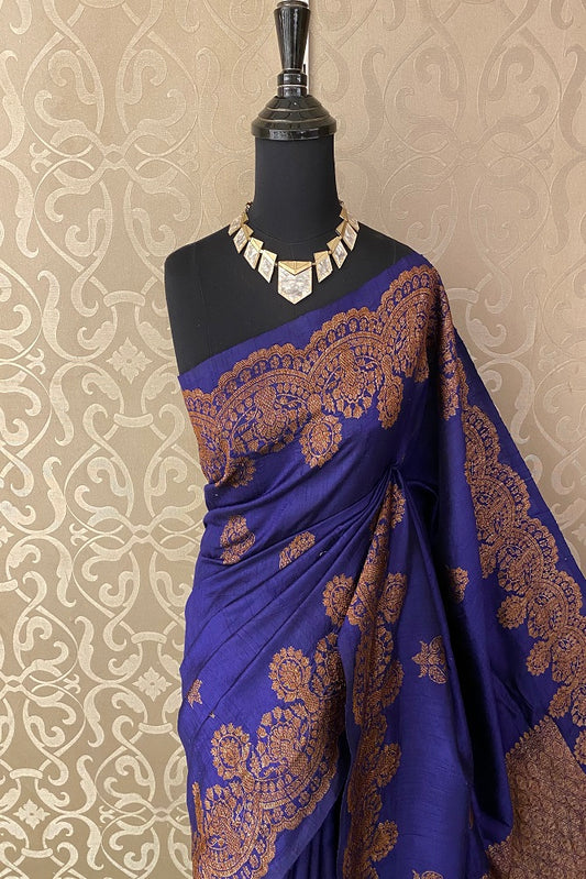 Blue Pure Tussar Banarasi Silk With Hand Woven Motifs
