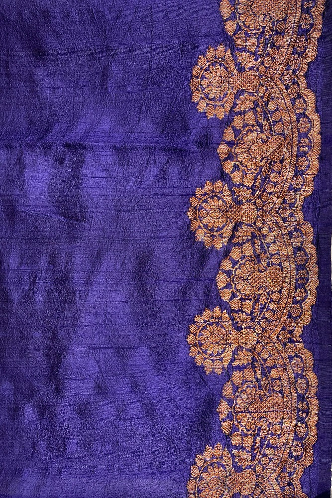 Blue Pure Tussar Banarasi Silk With Hand Woven Motifs