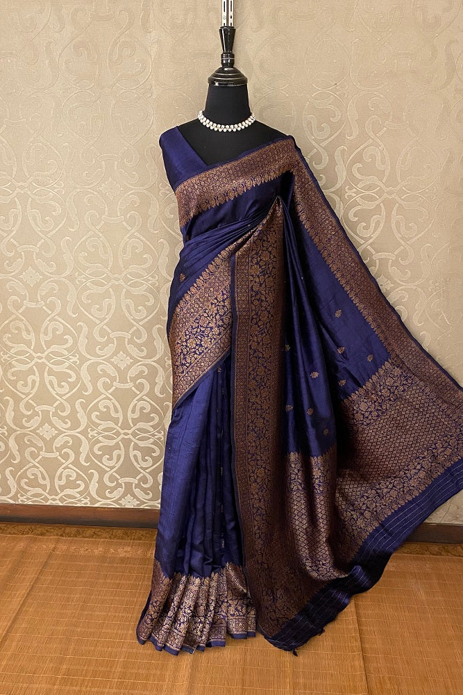 Blue Pure Tussar Banarasi Silk With Hand Woven Motifs