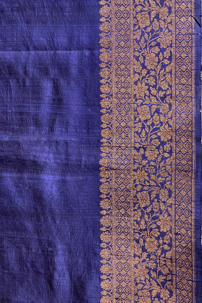 Blue Pure Tussar Banarasi Silk With Hand Woven Motifs