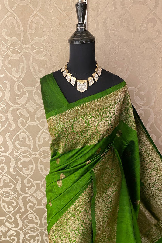 Green Pure Tussar Banarasi Silk With Hand Woven Motifs